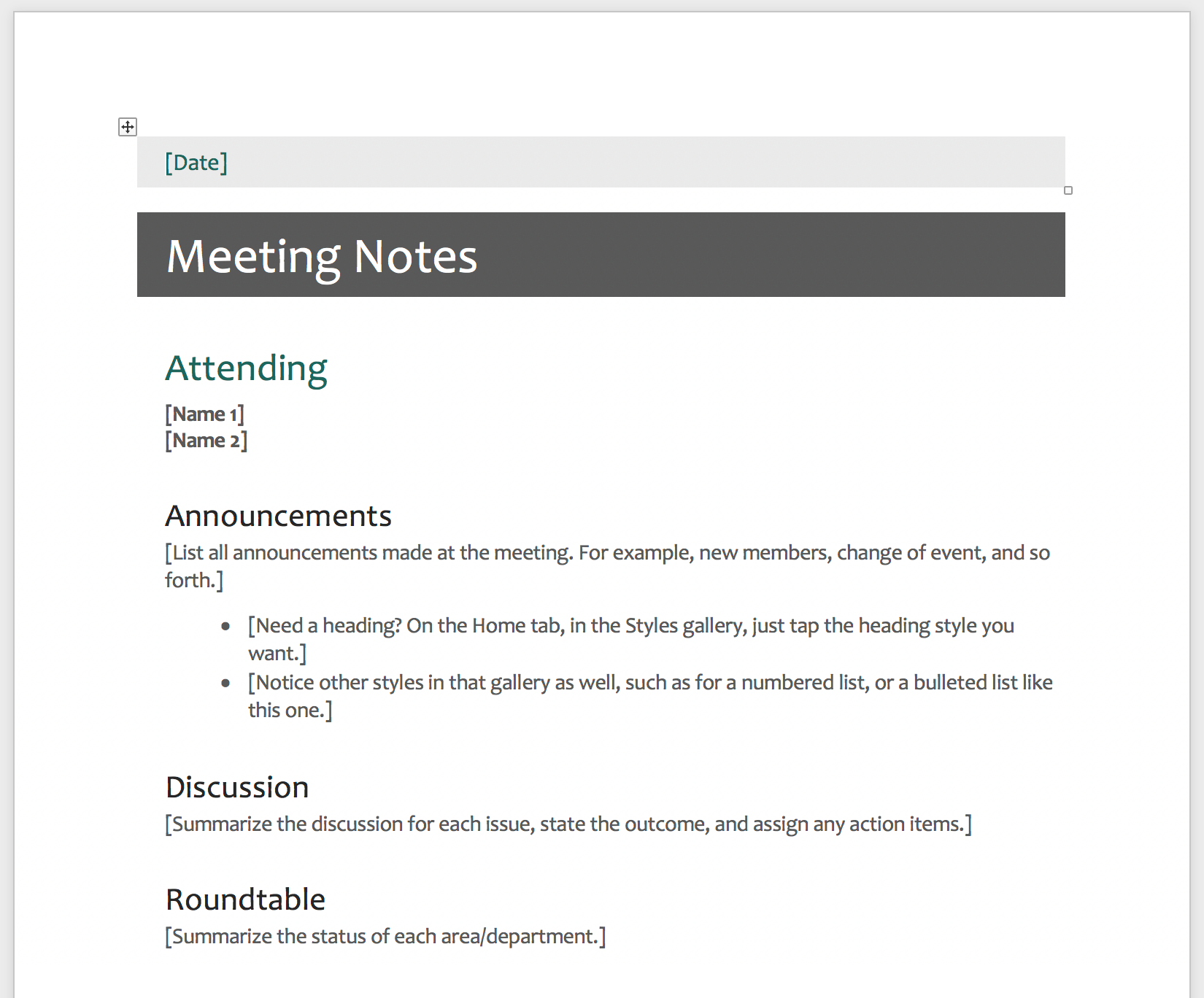 Basic meeting template with attendance, announcements, and discussion sections.