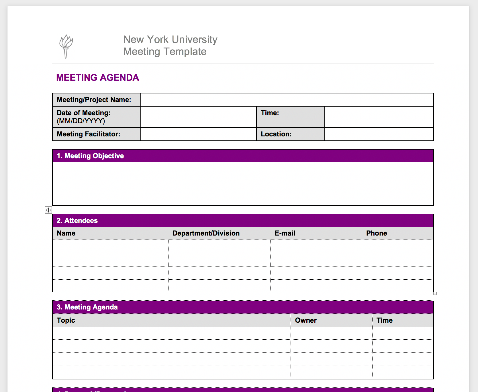 Meeting template from NYU that has meeting details and attendees, and meeting agenda.