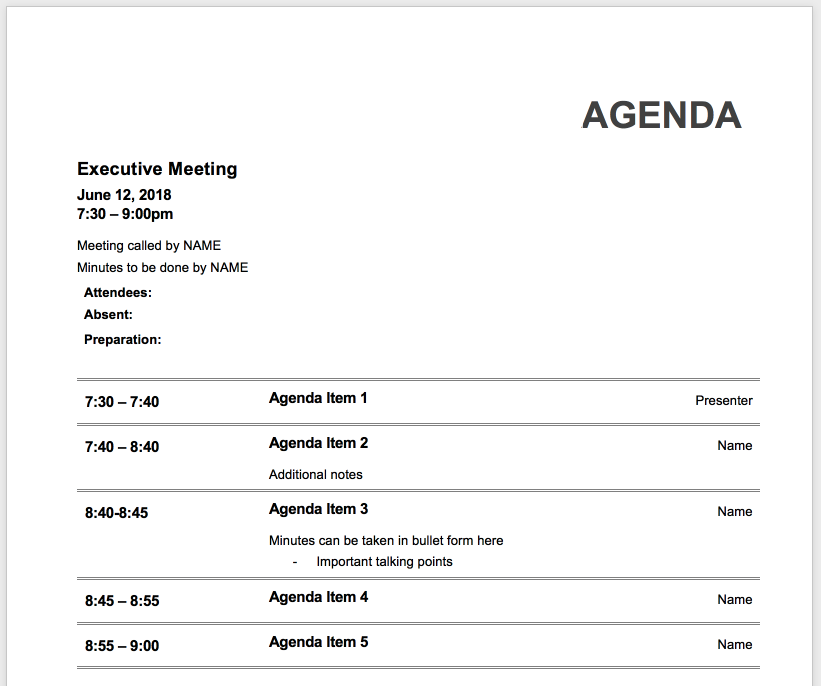 Meeting template with time blocked discussion sections and meeting details.