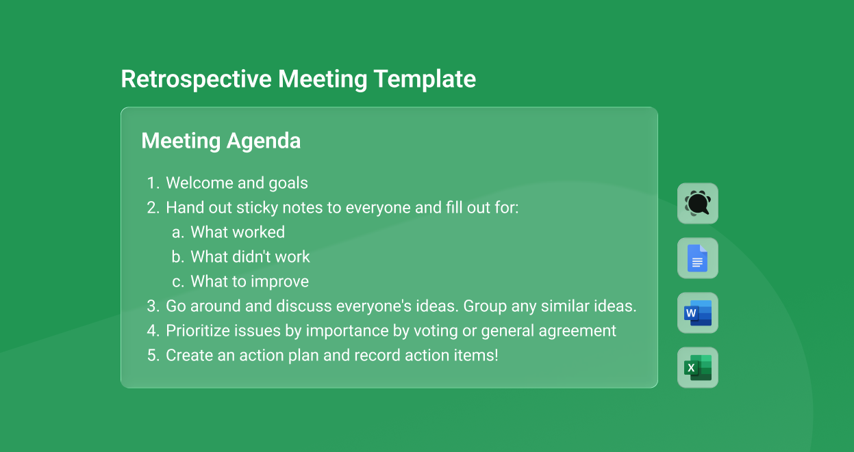Free retrospective meeting template shown in Knowtworthy, with Excel, Word, and Google Docs download options