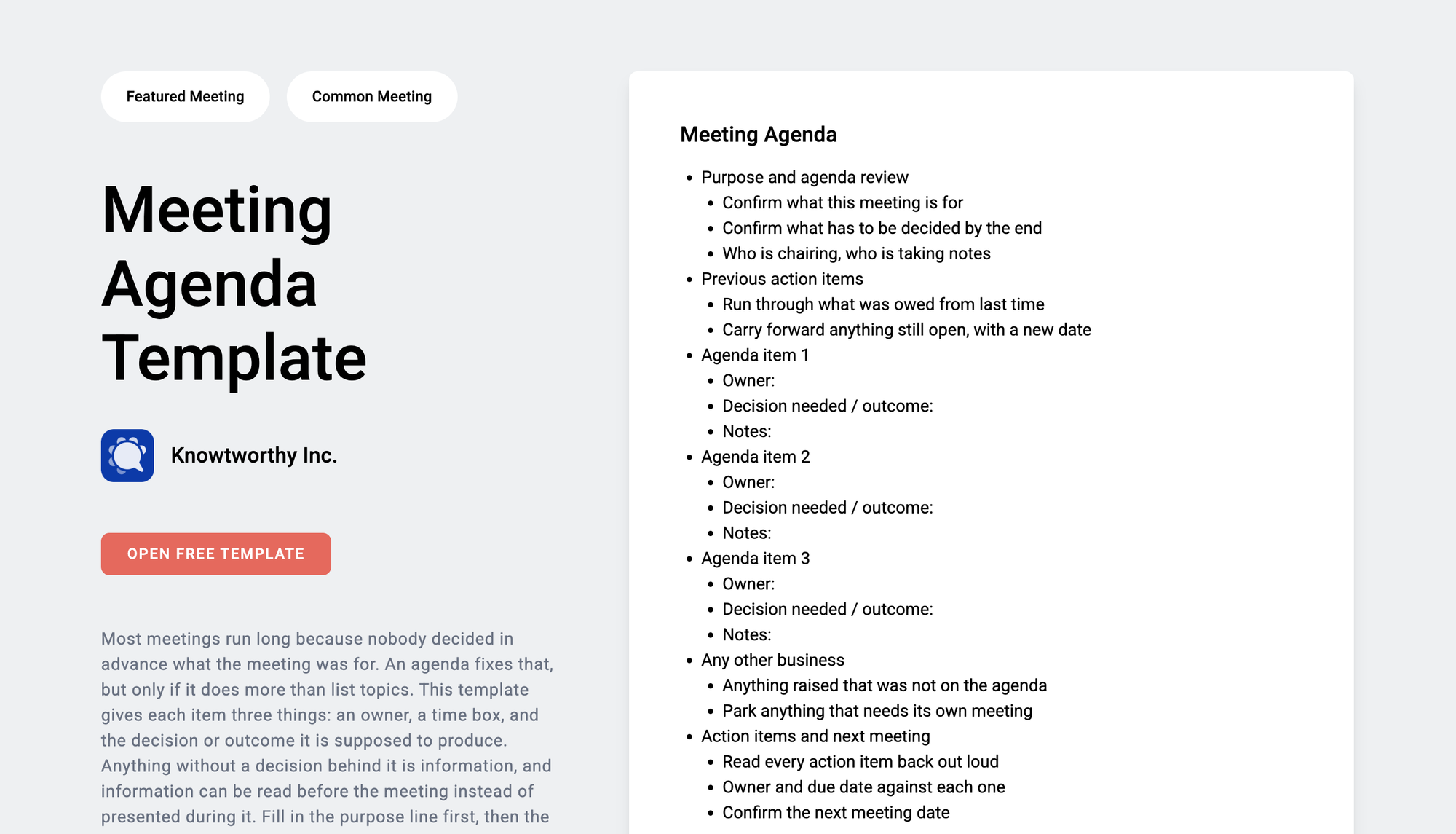 The free Knowtworthy meeting agenda template, showing seven sections with time blocks, owners and decisions