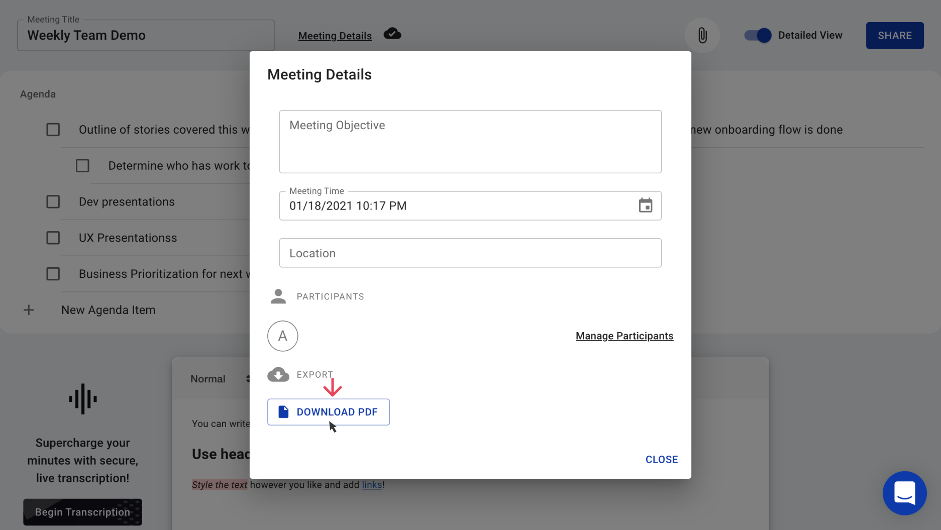 Knowtworthy Meeting Details Dialog with an arrow pointing to "Download PDF"