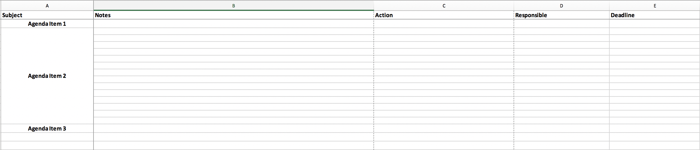 Meeting template with agenda items, notes, and action items.