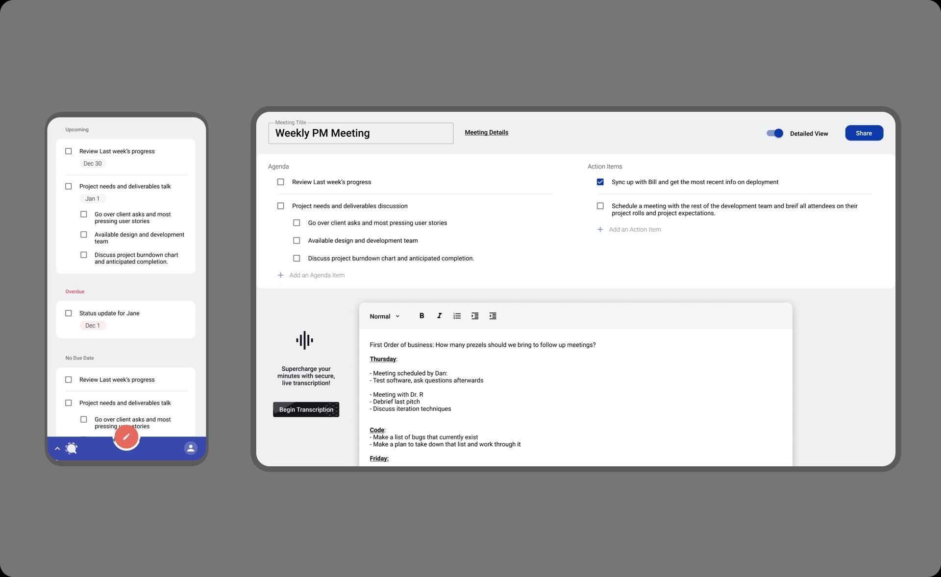 Knowtworthy meeting document with an agenda and action items.
