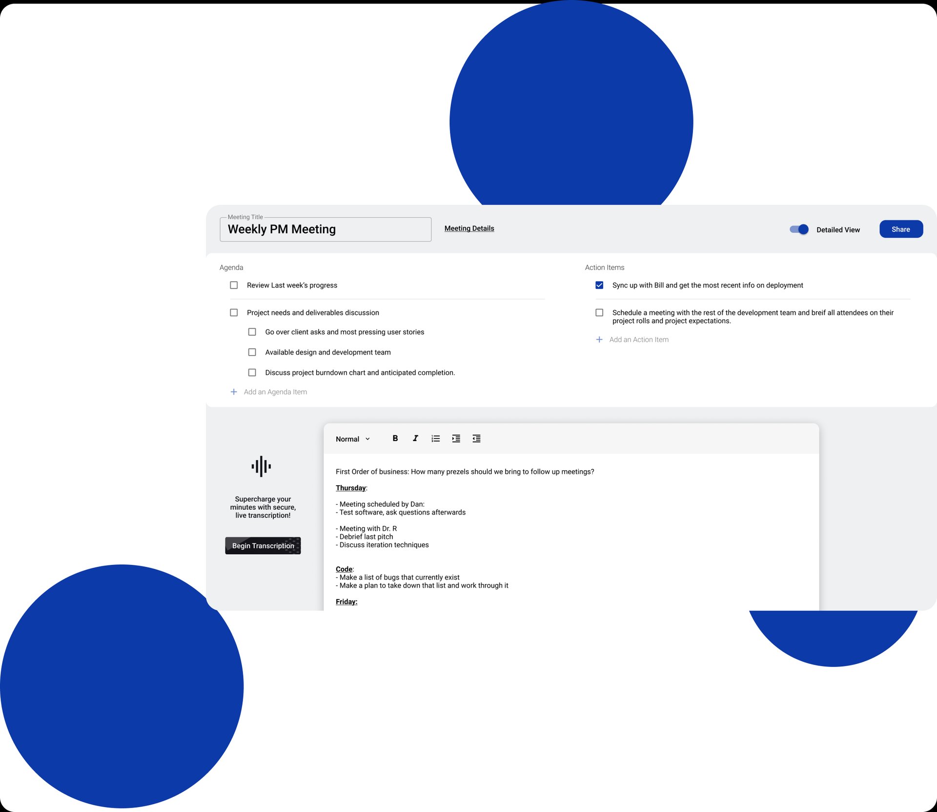 Knowtworthy real-time meeting document with an agenda, action items, and minutes.