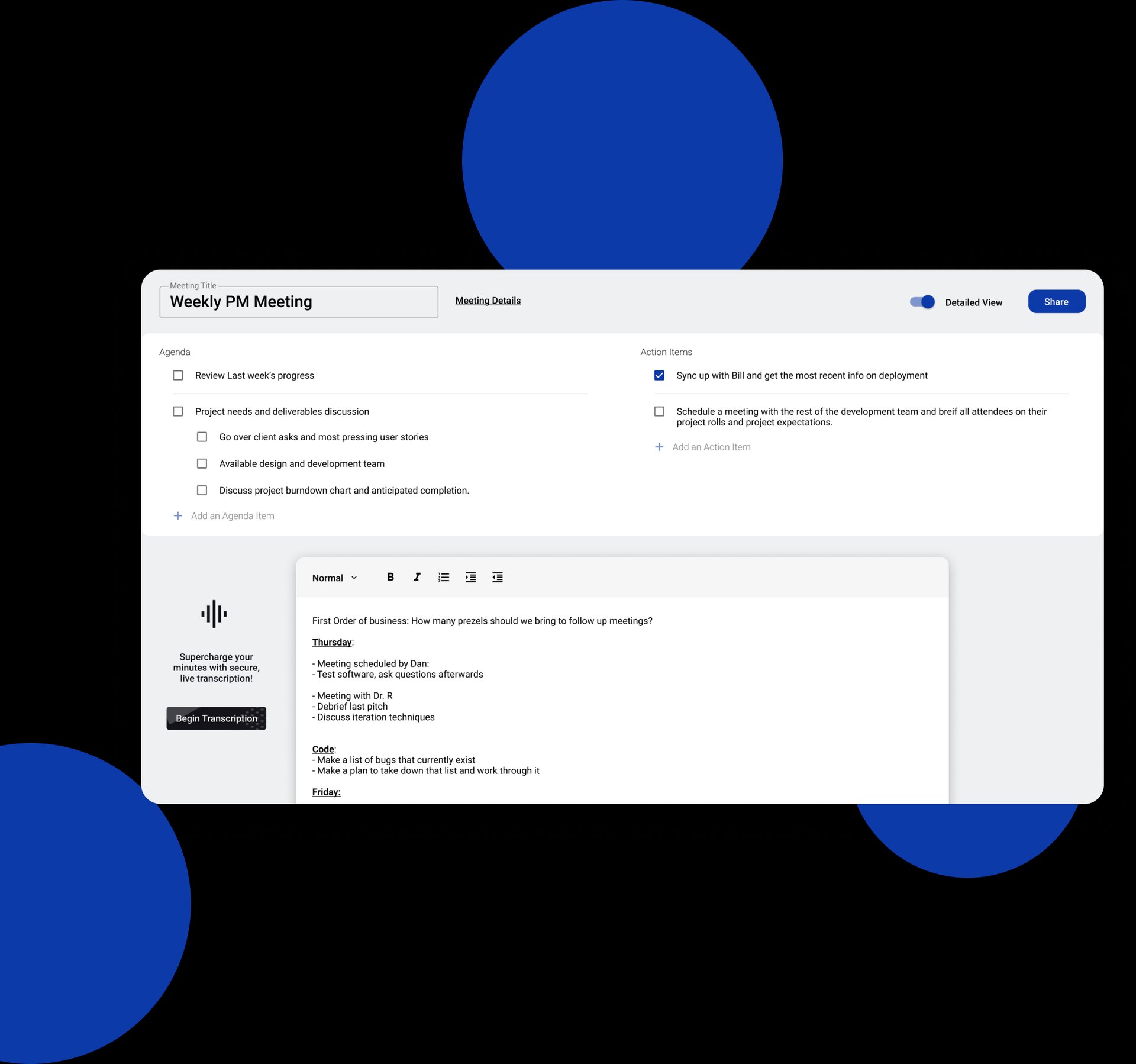 Knowtworthy real-time meeting document with an agenda, action items, and minutes.