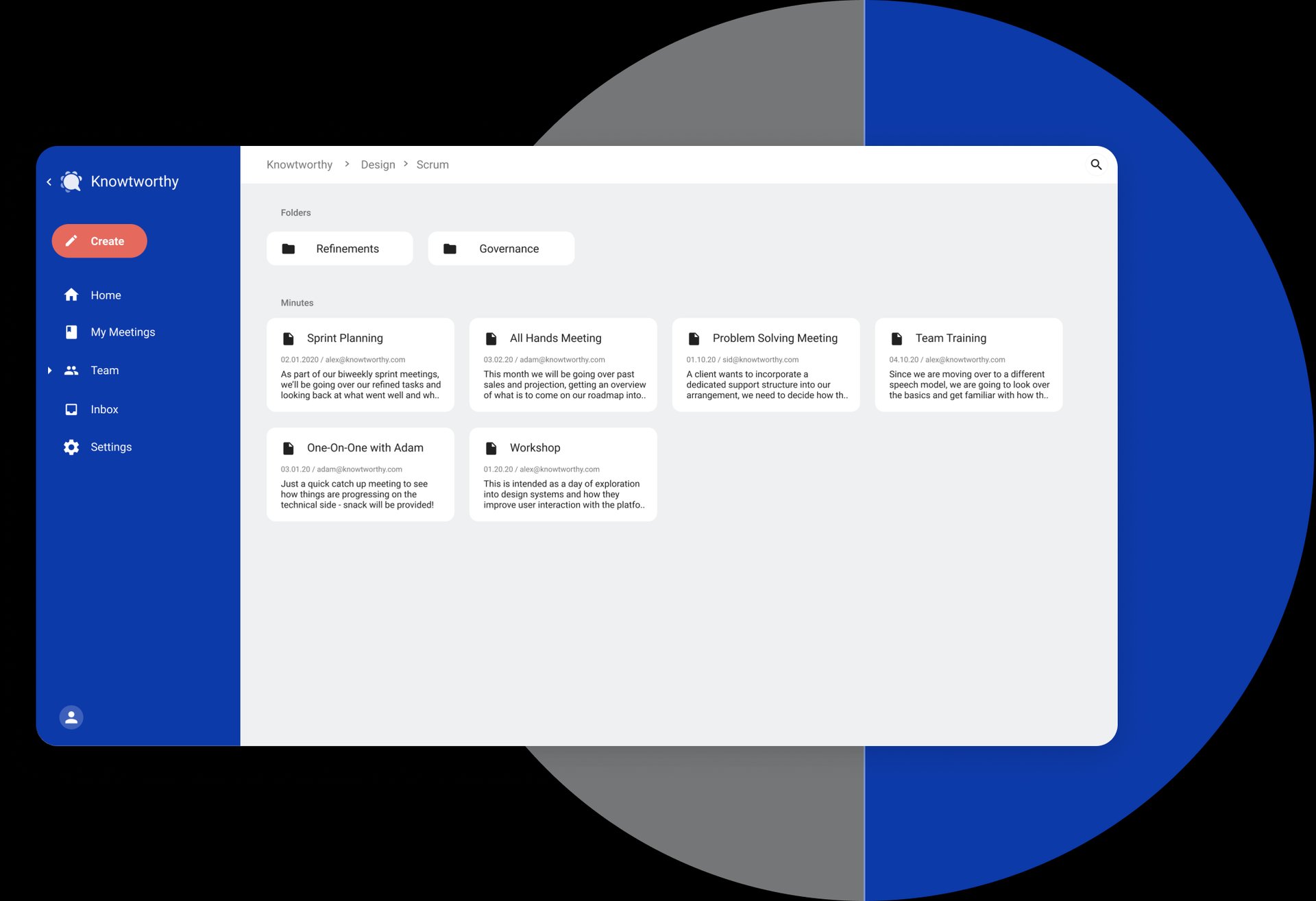 Knowtworthy dashboard showing folders and meeting minutes.
