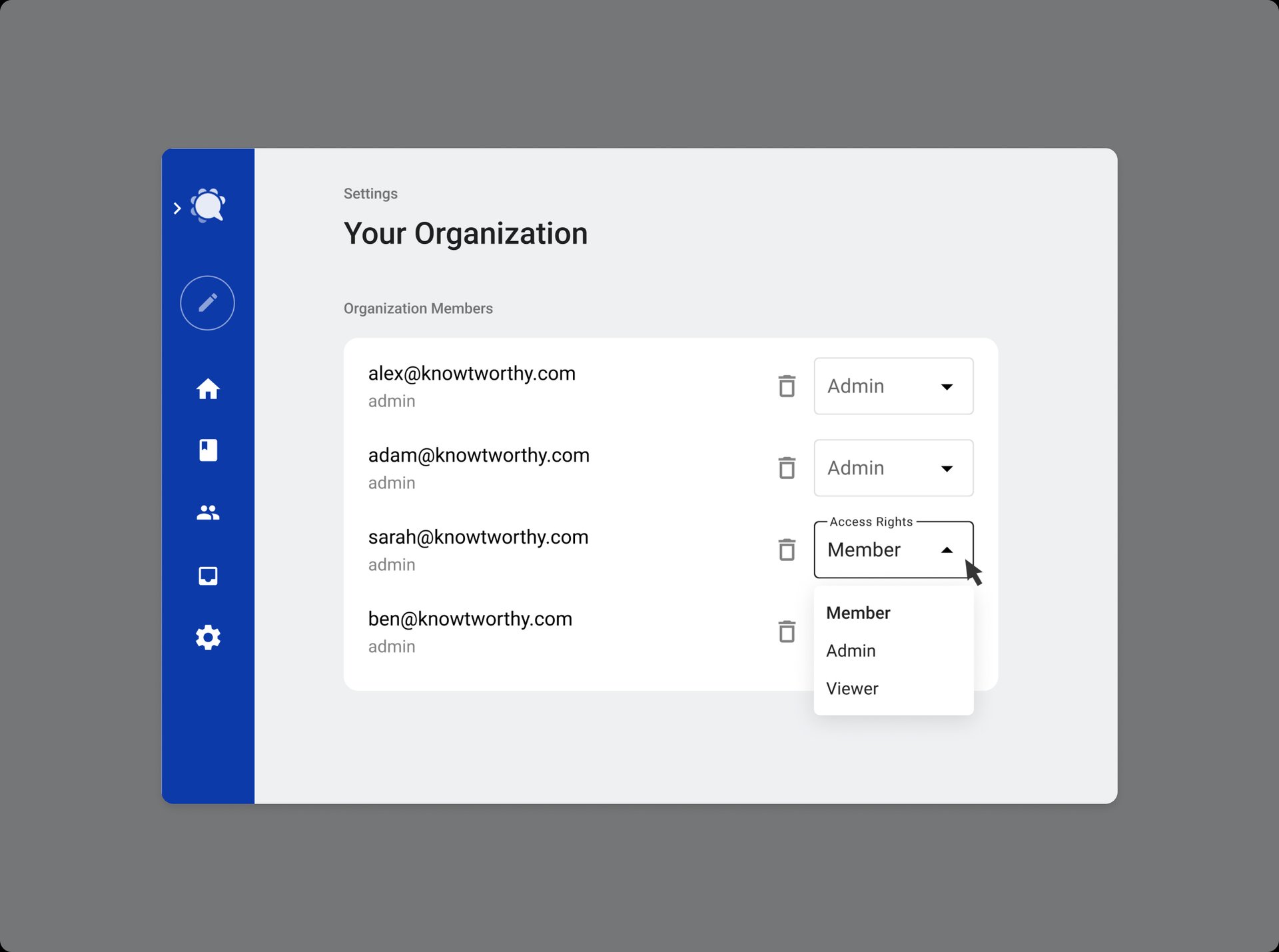 Quickly view who has access to your organizations and manage their permissions.