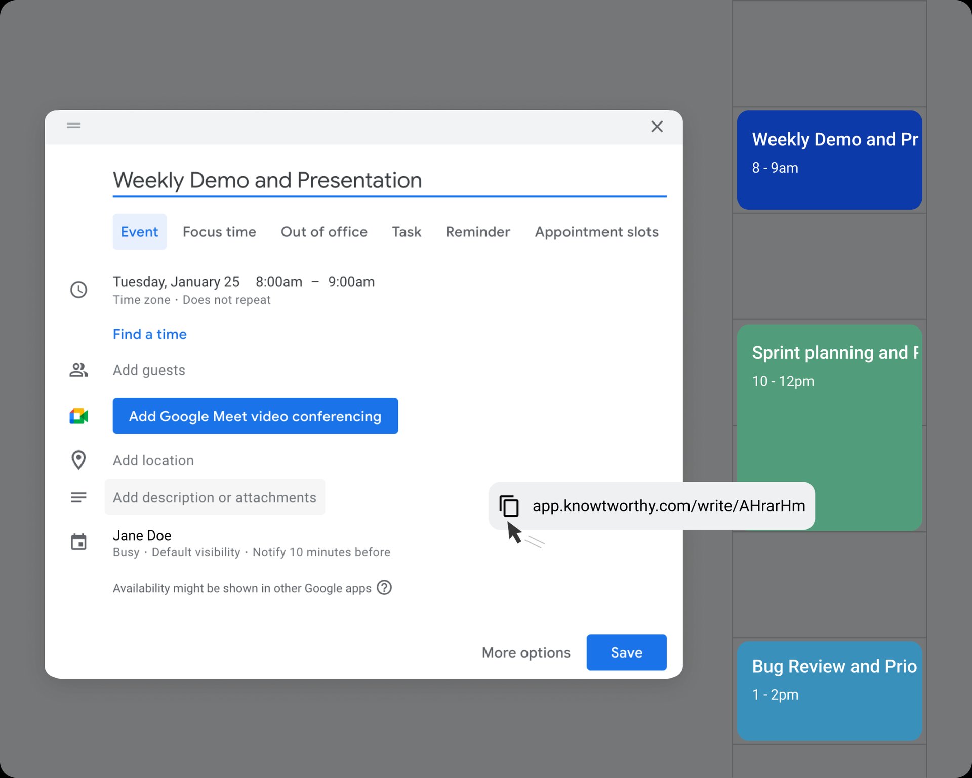 A Knowtworthy meeting minutes link being attached to a calendar invite.