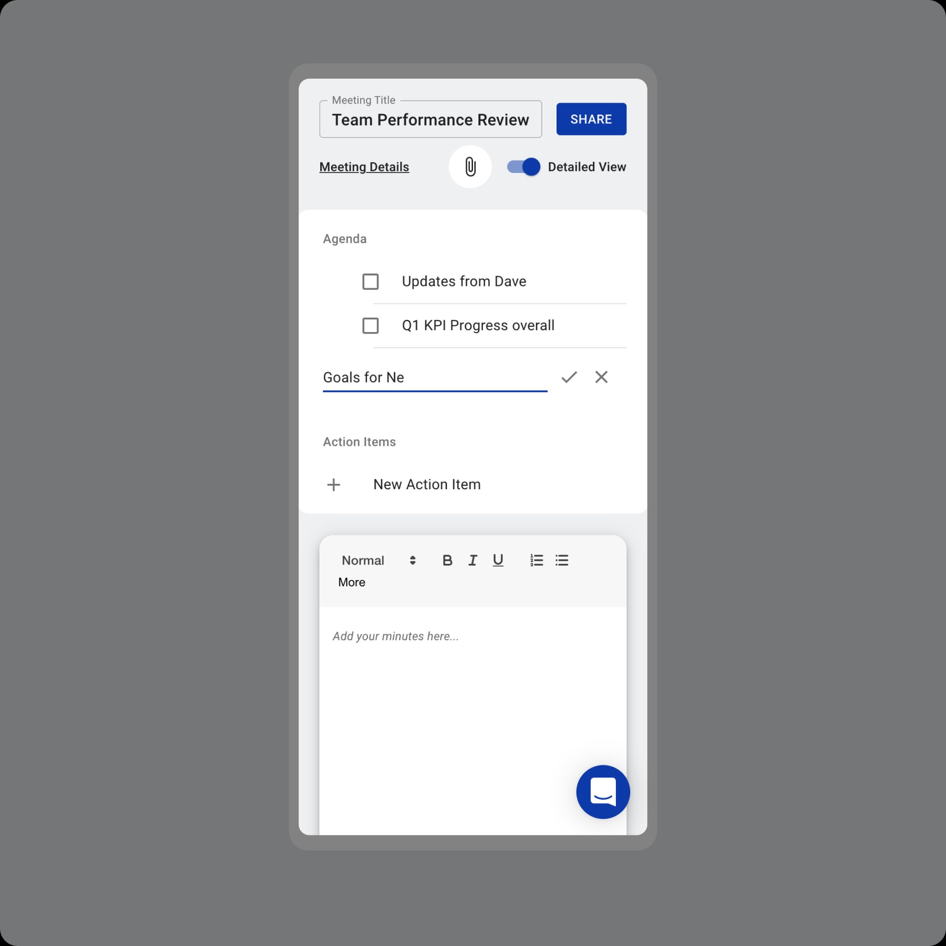Knowtworthy meeting agenda items accessible from mobile.