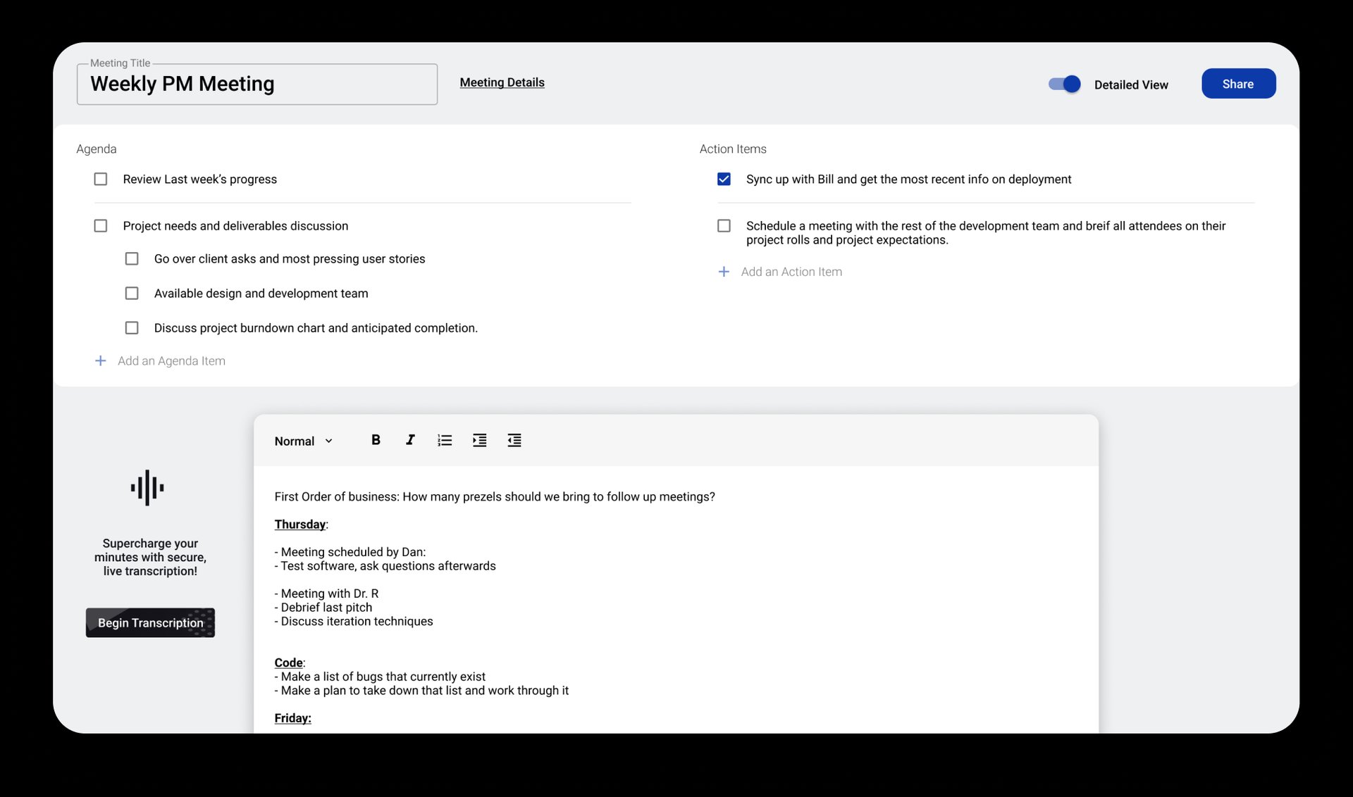 Knowtworthy meeting document with an agenda and action items.