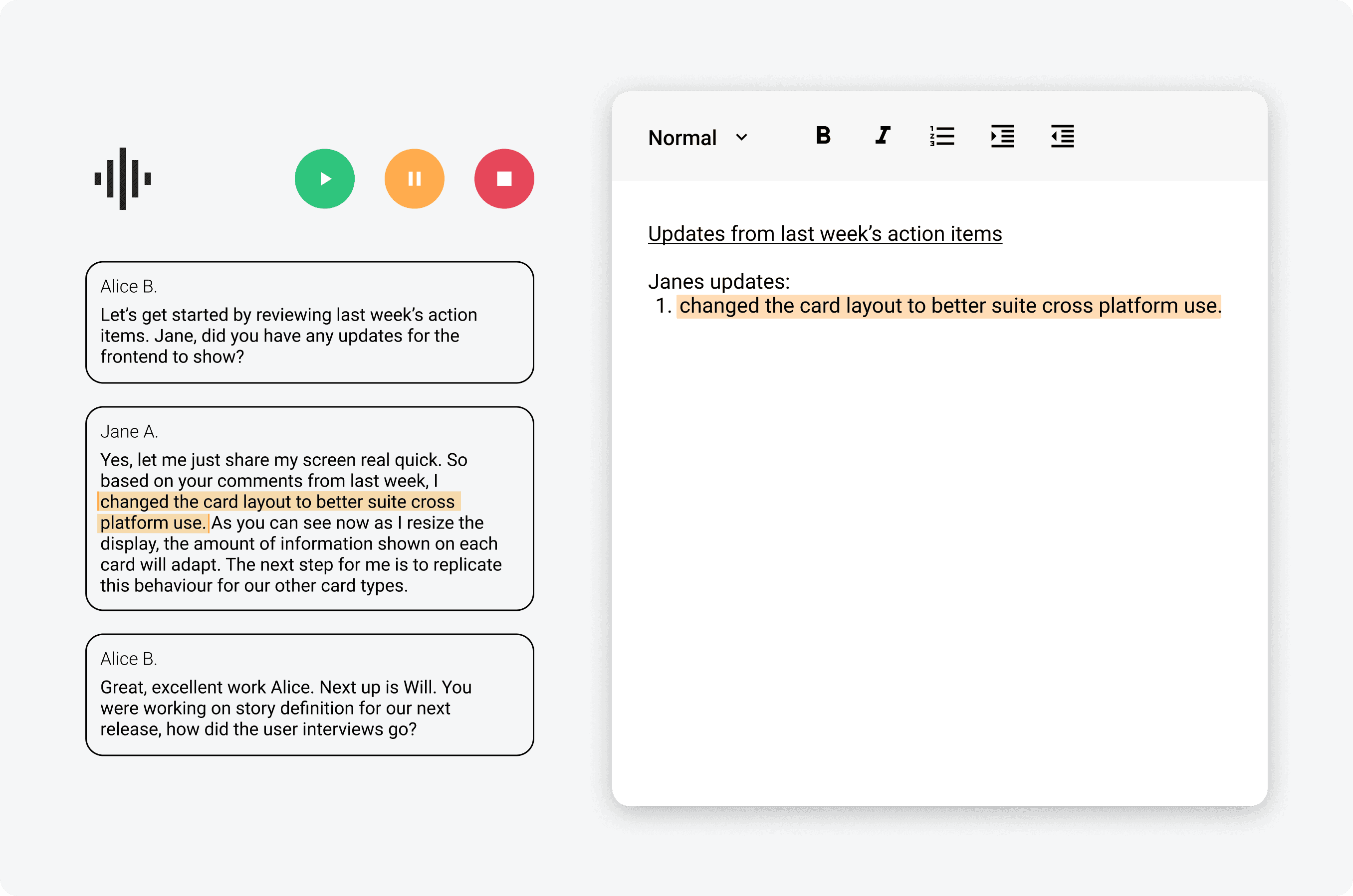 Copy and paste text directly from Knowtworthy real-time transcripts into your minutes.