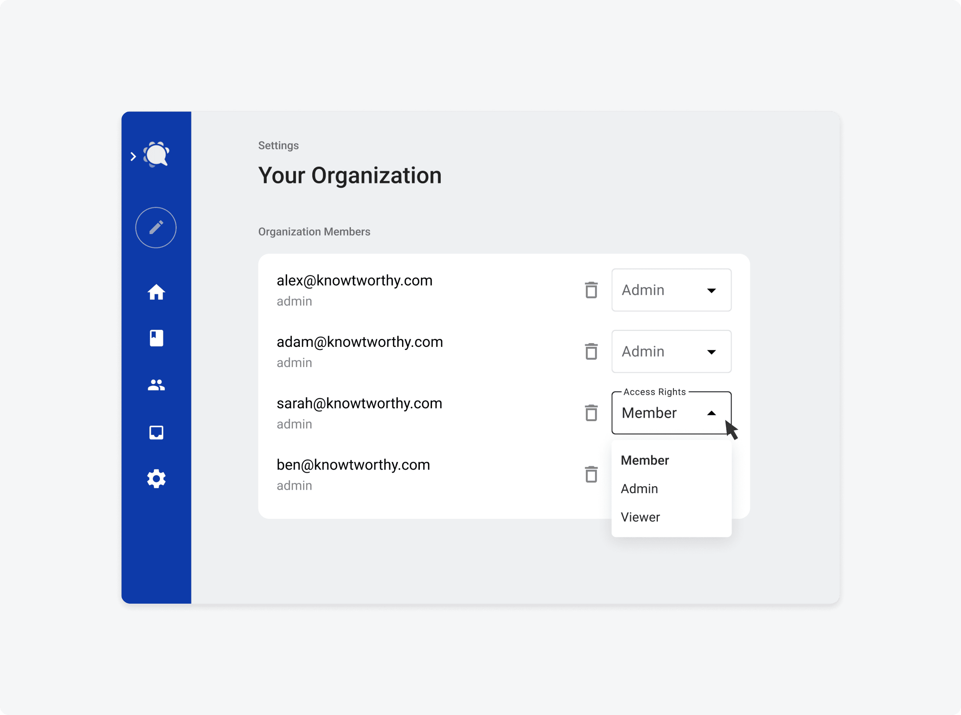 Add, remove, or change permissions of team members with a click through the Knowtworthy settings dashboard.