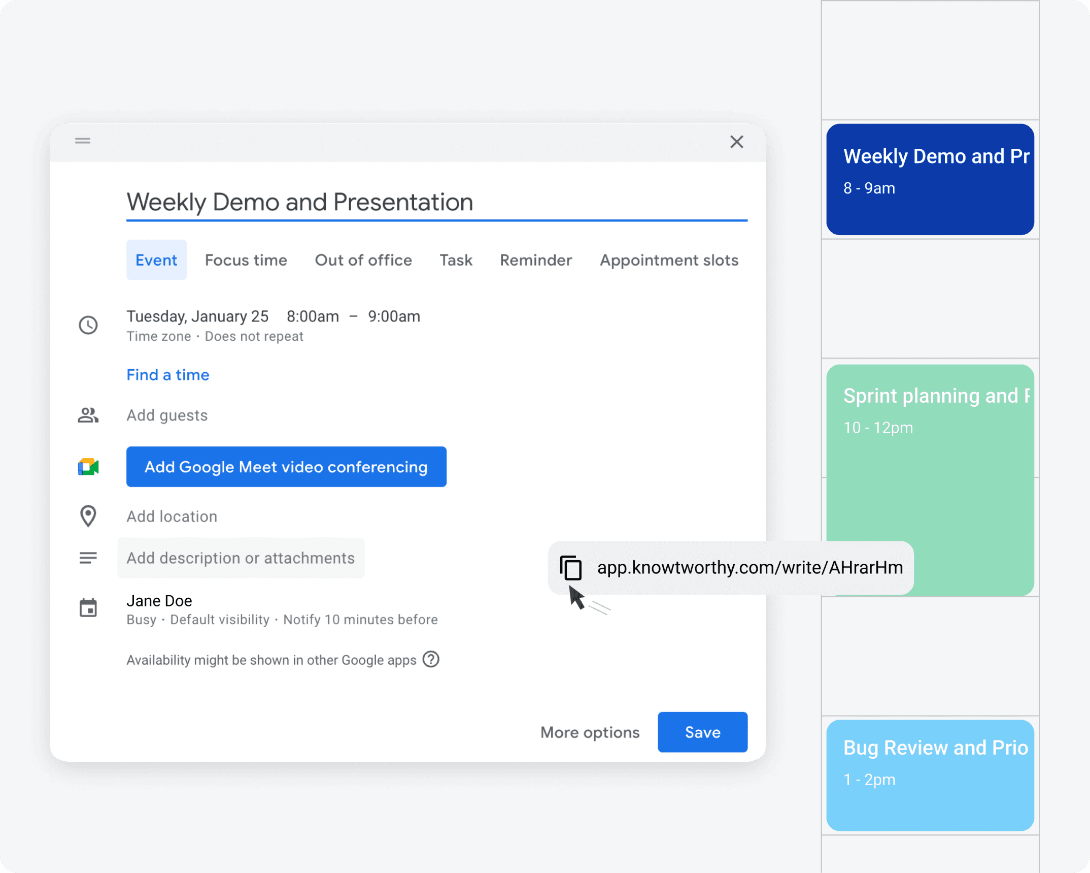 A Knowtworthy meeting minutes link being attached to a calendar invite.