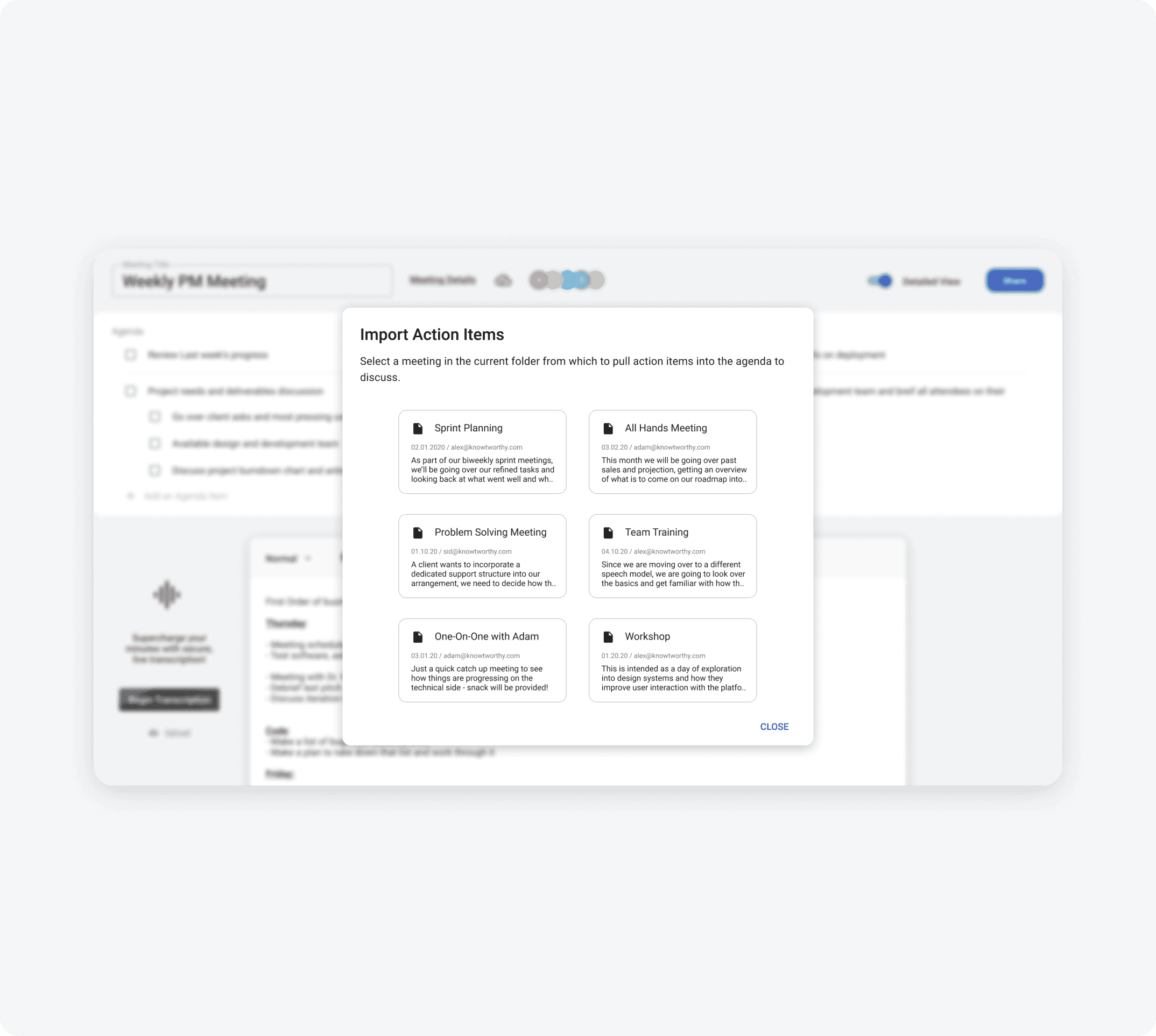 Knowtworthy real-time meeting document with an agenda, action items, and minutes.