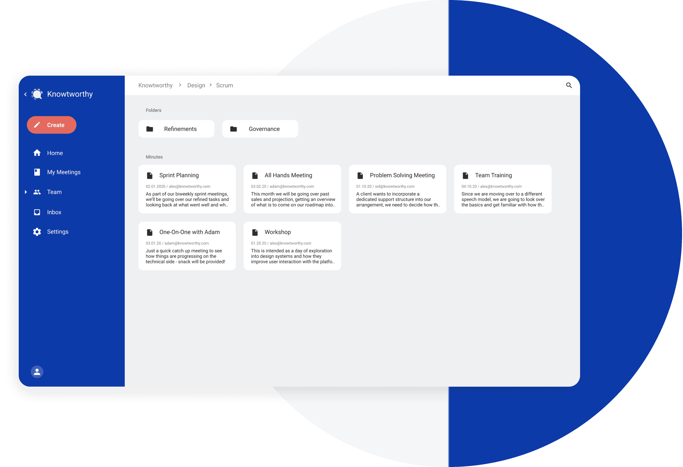 Knowtworthy dashboard showing folders and meeting minutes for a team.